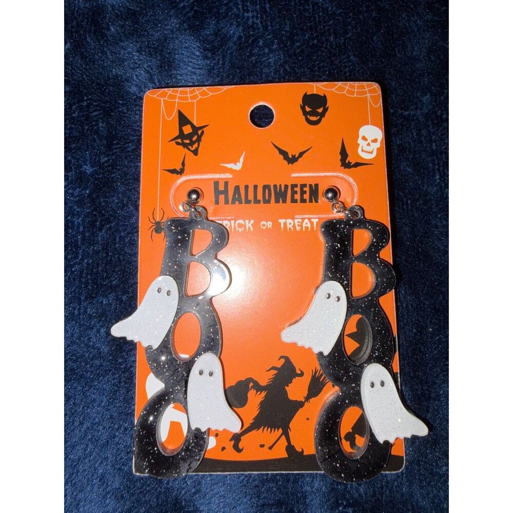 New BOO Ghost Halloween Dangle Earrings Black Glitter 2.17"